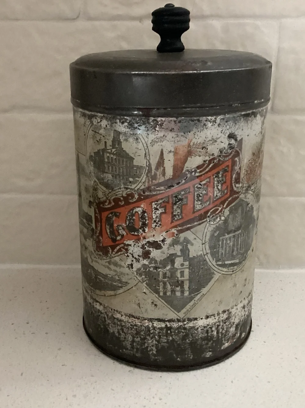 Antique COFFEE Lithographed Coffee Tin Canister. Made by Thos. Wood & Co.